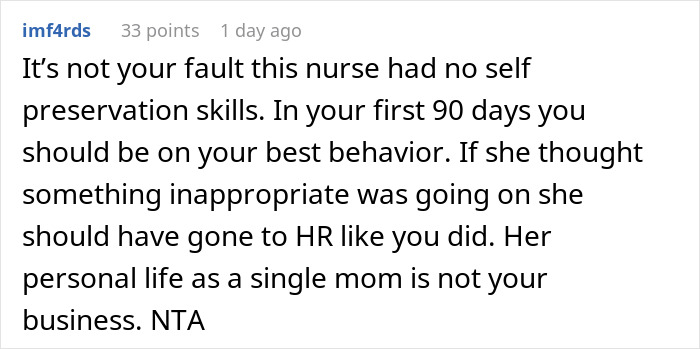 Comment discussing the nurse’s behavior and workplace accusations in a story about a new nurse fired for false affair claims. Comment discussing the nurse’s behavior and workplace accusations in a story about a new nurse fired for false affair claims.