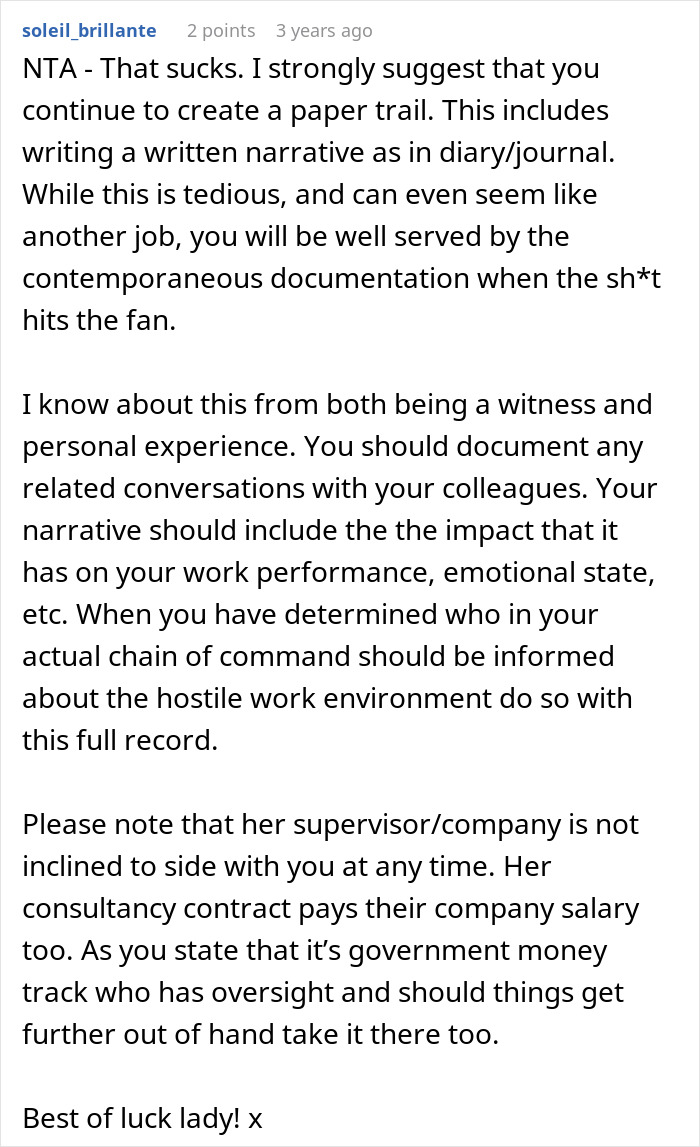 Screenshot of a forum comment advising to create a paper trail about a boss bad with technology caught spying on coworker.