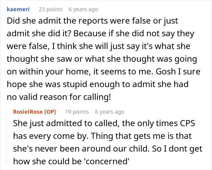 Comments discussing a mother-in-law admitting to falsely reporting a couple to CPS and suing for custody of her grandchild.