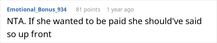 Reddit comment discussing refusing to pay MIL for babysitting a toddler, stating payment should be clarified upfront.