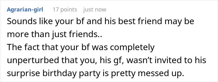 Comment discussing a guy’s female best friend not inviting his girlfriend to a surprise birthday party and its implications. - 30