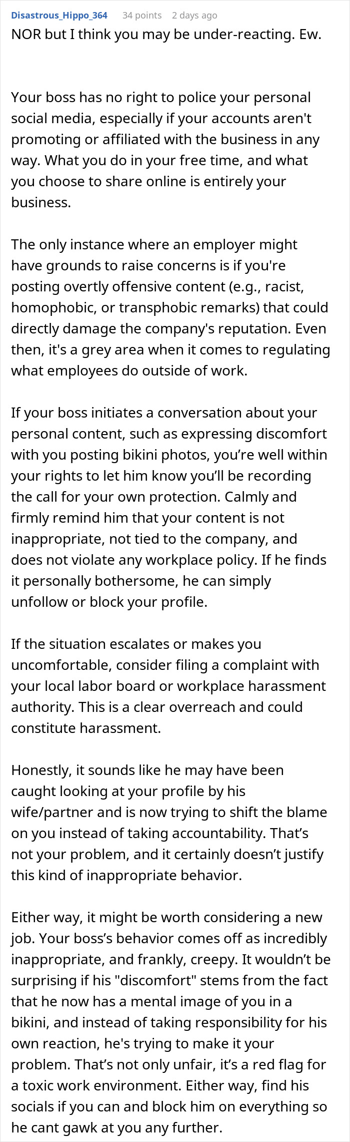 Comment discussing boss not wanting employee bikini pictures posted and privacy rights on personal social media content. - 25