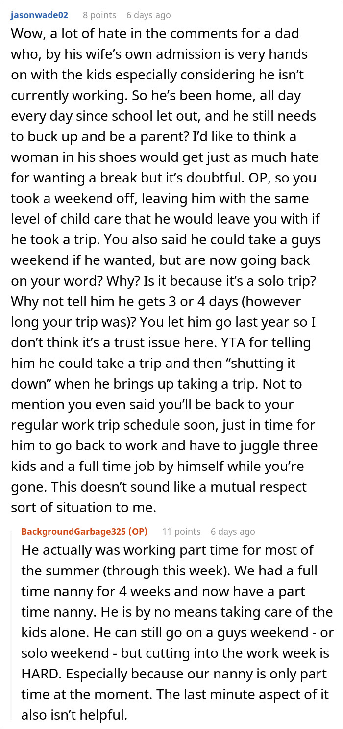 Reddit comments discussing a guy wanting a solo trip while wife manages 7-year-old and 8-month-old twins, facing a reality check. - 20