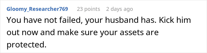 Screenshot of an online comment advising a mom feeling she failed as her marriage falls apart due to husband's new hobby.