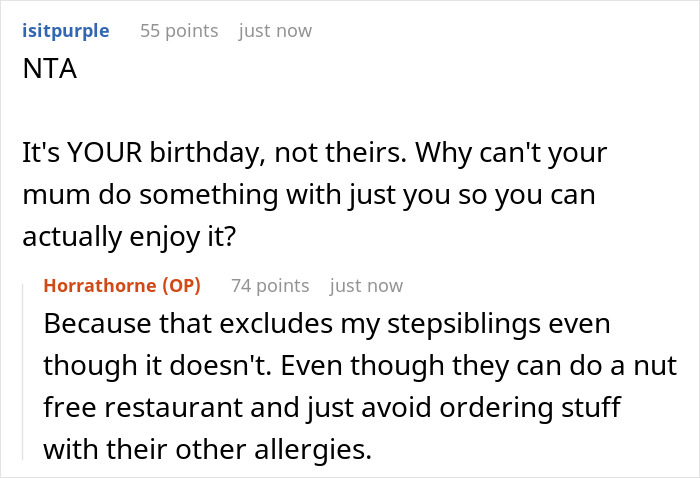 Screenshot of Reddit conversation where a teen says parents ignore his birthday wishes due to stepkids&rsquo; allergies and boring food complaints.