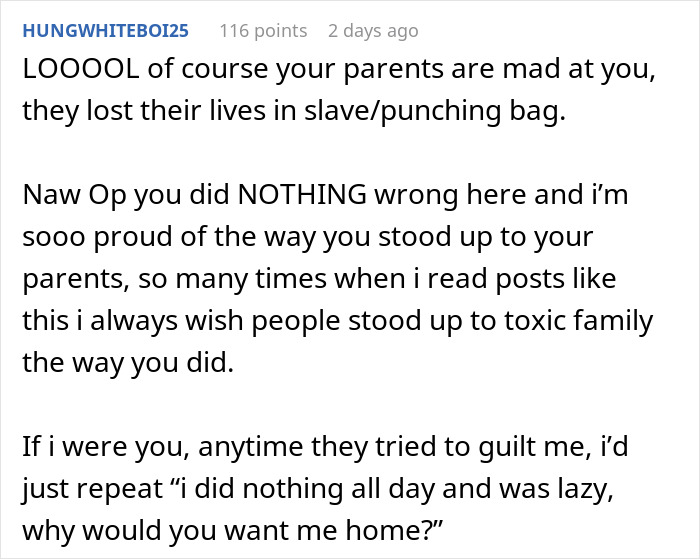 Reddit comment supporting 18-year-old who left toxic parents, highlighting standing up to toxic family and sharing roof struggles. Reddit comment supporting 18-year-old who left toxic parents, highlighting standing up to toxic family and sharing roof struggles.