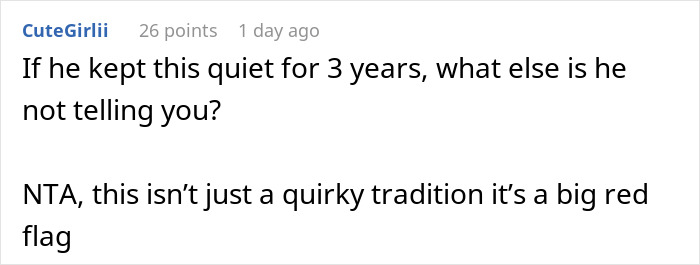 Screenshot of a Reddit comment discussing a call off wedding weird family tradition as a big red flag.
