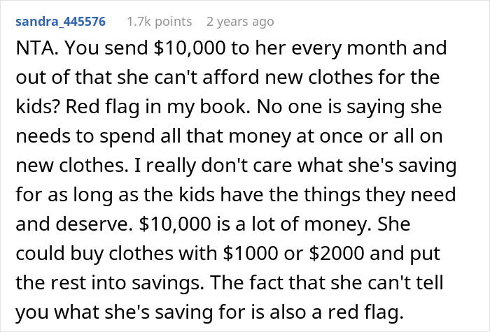 Comment discussing concerns over $10,000 child support payments and children wearing tattered clothes, highlighting red flags. - 26