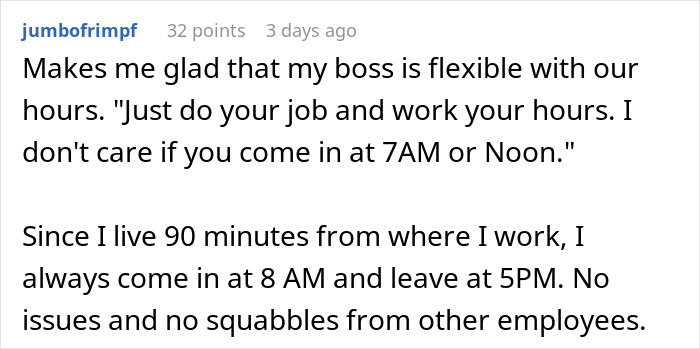 Screenshot of a Reddit comment praising a flexible boss for allowing varied work hours despite differences in arrival times.