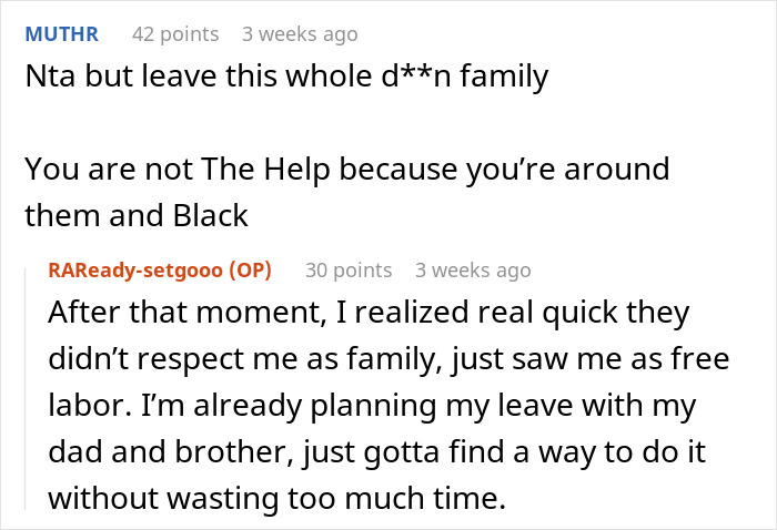 Screenshot of an online discussion about family conflict and racism after a pregnant woman refuses to babysit her niblings.