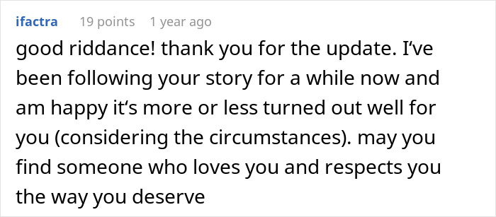 Comment text on a plain background discussing a woman leaving her husband to find herself and go on a dream trip alone.