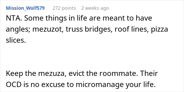 Screenshot of a Reddit comment discussing a woman&rsquo;s OCD triggered by roommate&rsquo;s Jewish traditions and mezuzot angles.