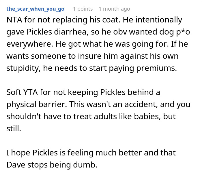 Screenshot of a Reddit comment discussing a woman refusing to replace nephew&rsquo;s jacket ruined by dog accident.