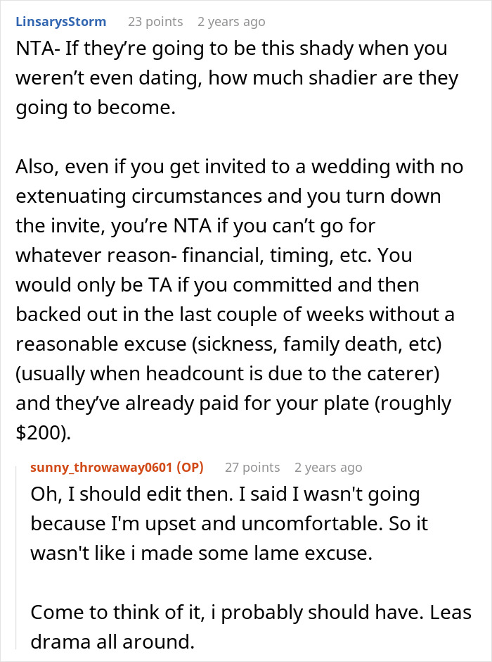 Reddit conversation discussing a woman&rsquo;s petty conflict with a guy before his wedding plans emerge months later.