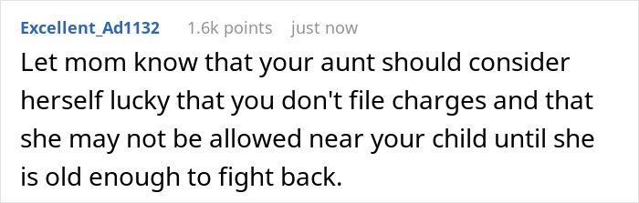 Comment discussing an aunt's unlicensed ear piercing during a baby visit and potential consequences from the mom.