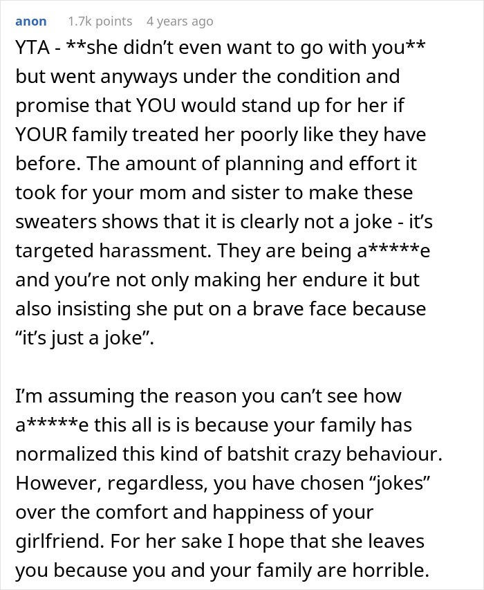 Text post discussing a woman walking out on family gathering after her boyfriend’s family mocks her scar with ugly sweater jokes. Text post discussing a woman walking out on family gathering after her boyfriend’s family mocks her scar with ugly sweater jokes.