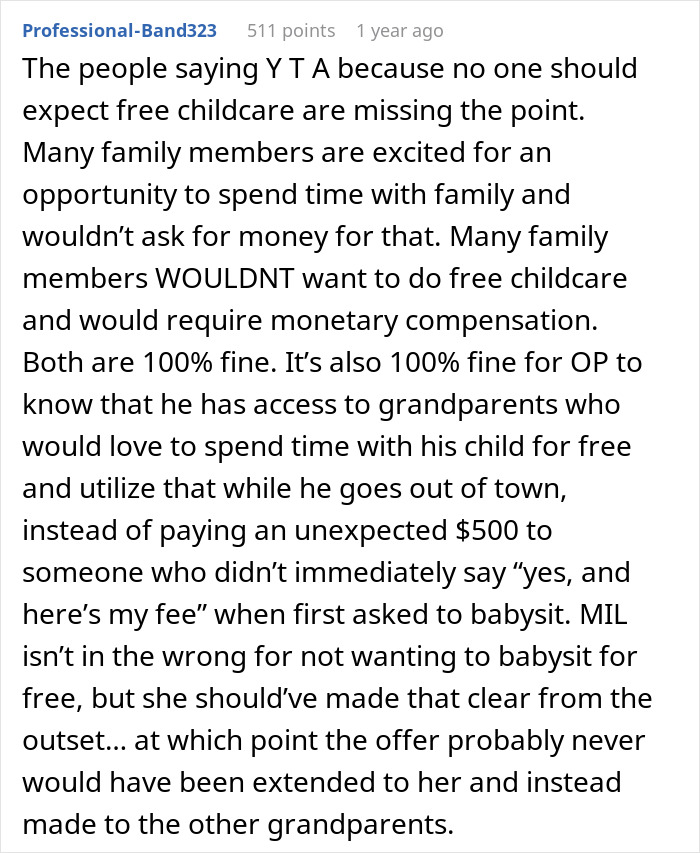 A discussion about refusing to pay MIL for babysitting a toddler and family expectations on childcare compensation.