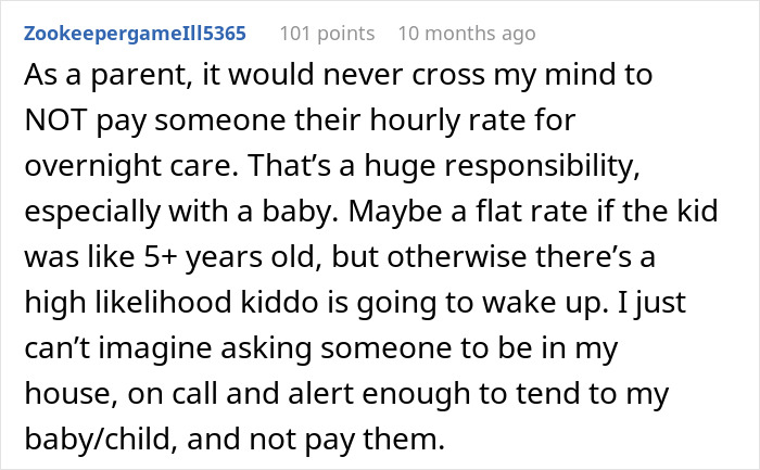 Screenshot of a comment discussing the unfair pay offered to a nanny for overnight care hours, focusing on childcare responsibility. - 15