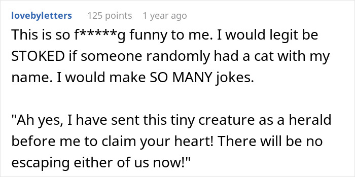 ALT text: Online comment about cat names with humor, relating to woman furious her partner won't rename cat for her. - 18