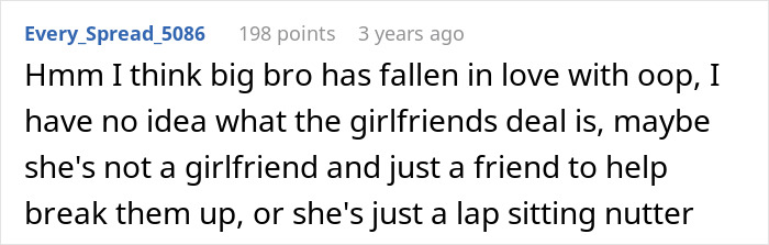 Screenshot of a Reddit comment discussing a man demanding his brother dump his longtime girlfriend causing insecurity.