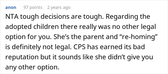 Comment discussing legal challenges of adopted children custody and involvement of CPS during a divorce dispute.