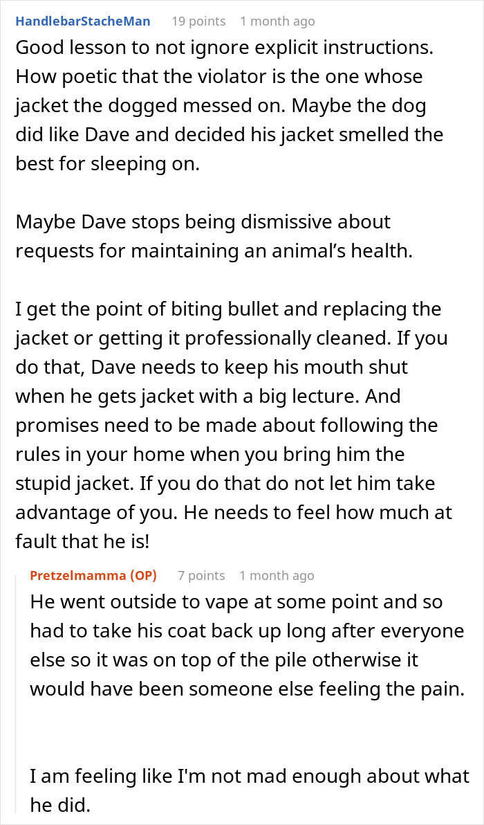 Screenshot of an online discussion about a woman refusing to replace nephew&rsquo;s jacket ruined by dog&rsquo;s accident and ignored warnings.
