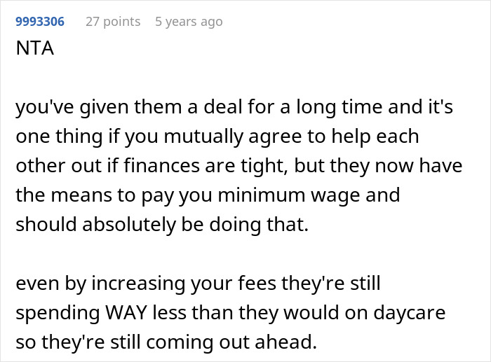 Comment discussing a person upset their friend doesn't pay more after winning the lottery and stopping babysitting. - 27