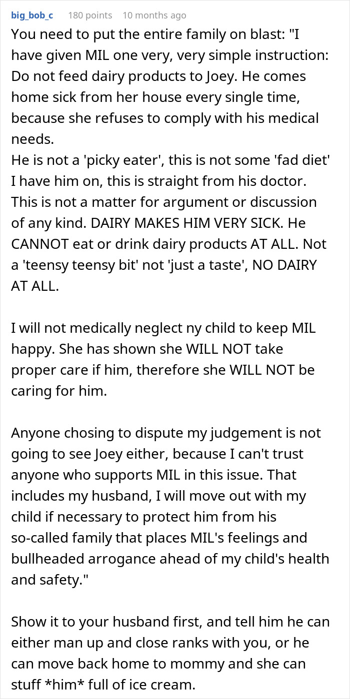 Comment discussing woman replacing MIL as caregiver due to allergy incidents, facing family backlash and legal threats.