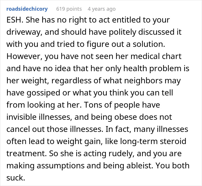 Comment criticizing rude behavior and assumptions about a disabled woman who claims neighbor&rsquo;s driveway ownership.