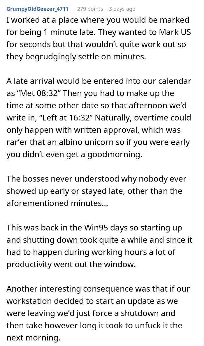 Screenshot of a Reddit comment describing strict workplace policies on penalties for being minutes late.