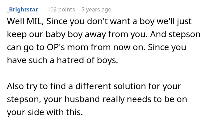 Comment addressing MIL's reaction at gender reveal, discussing family conflicts and baby boy custody concerns.