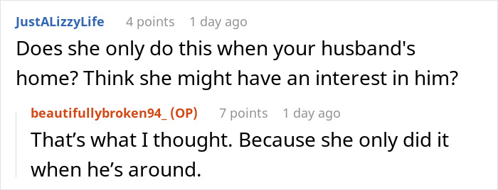Screenshot of a Reddit conversation about a pregnant lady catching her neighbor lurking around her house repeatedly. - 39