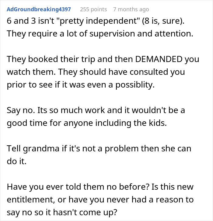 Comment discussing supervision challenges when a couple plans a vacation expecting childfree sister to babysit their kids.