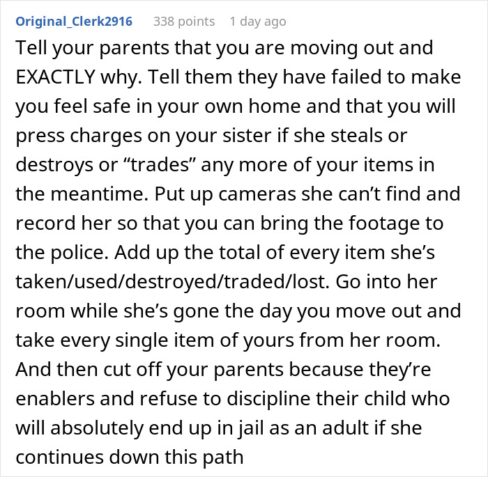 Screenshot of a Reddit comment advising an 18YO to move out due to their 13YO sister's disruptive behavior. - 26