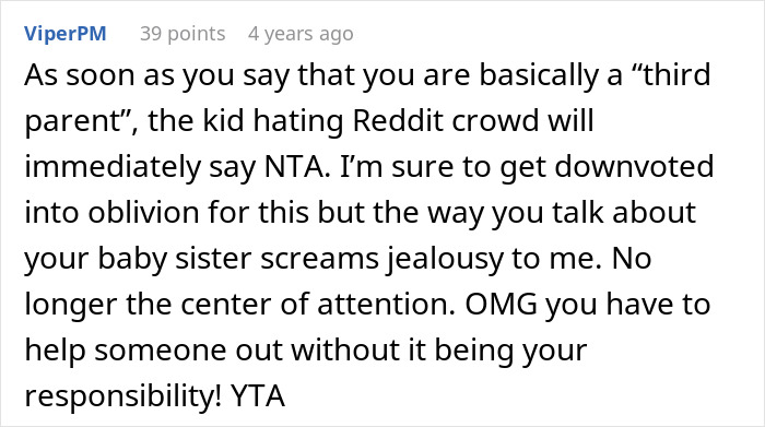 Screenshot of a Reddit comment discussing a teen refusing to be a live-in babysitter for parents. - 36