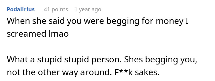 Screenshot of a Reddit comment discussing a mom furious about a teen asking to be paid for babysitting.