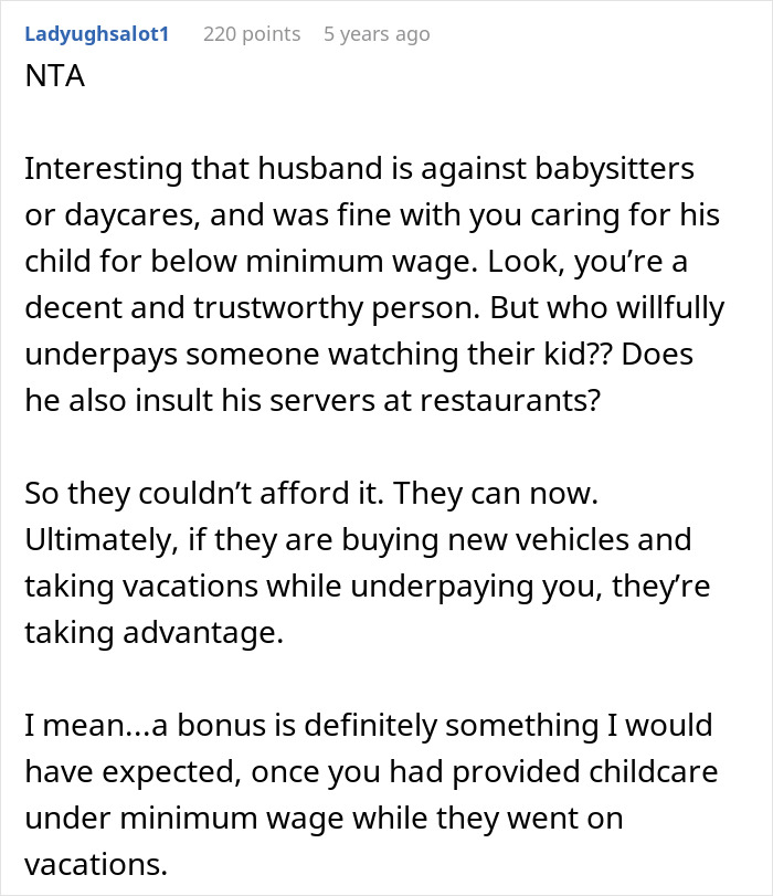 Screenshot of a Reddit comment discussing underpayment for babysitting despite lottery winnings and unfair treatment by friends. - 21