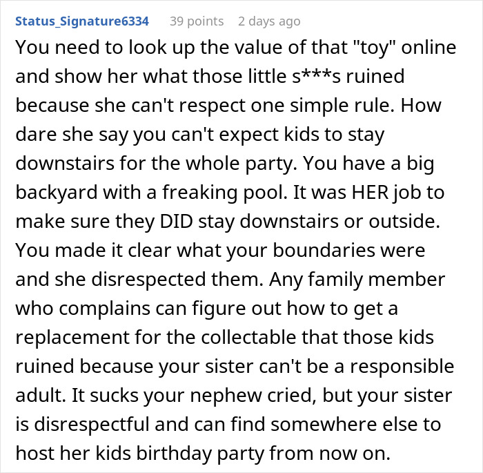 Comment discussing woman upset over brother cutting son&rsquo;s party short after his sentimental toy was broken.