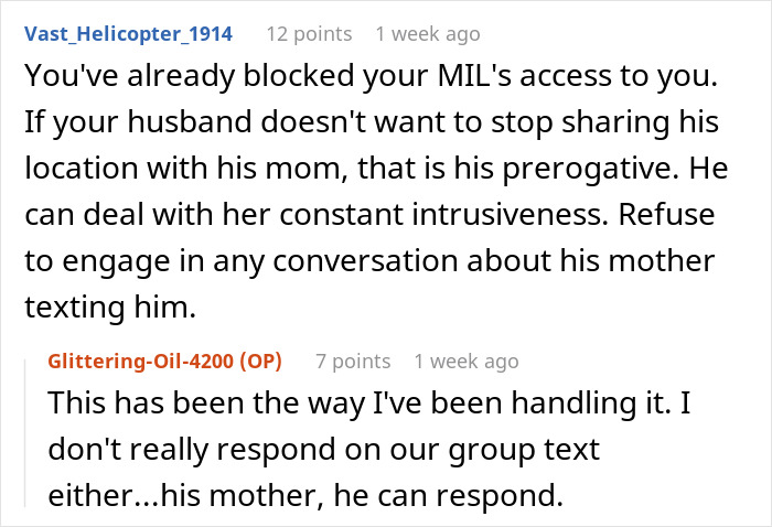 Comment discussion about blocking MIL tracking app son from sharing his location and handling intrusive texts from his mother.