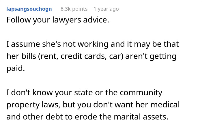 Text advice about lawyer guidance on managing debt and marital assets during divorce involving wife and affair partner. - 15