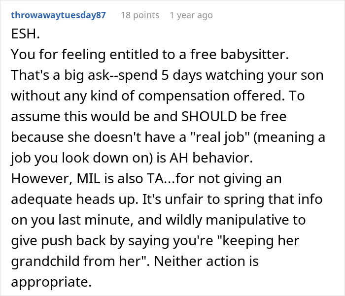 Reddit comment discussing refusal to pay MIL for babysitting toddler and the fairness of expecting free childcare.