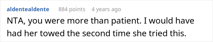 Text comment on social media discussing patience with a lady parking repeatedly in a couple’s private space. Text comment on social media discussing patience with a lady parking repeatedly in a couple’s private space.