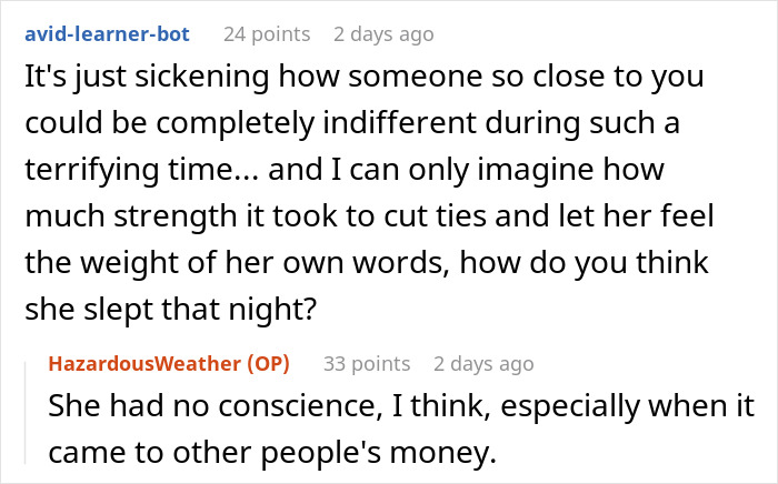Comments discussing a wife fearing her husband is lost at sea and a heartless mother-in-law focused on coffin costs. Comments discussing a wife fearing her husband is lost at sea and a heartless mother-in-law focused on coffin costs.