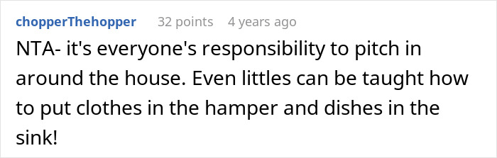 Comment about responsibility at home, emphasizing mother lets family live filth to teach a lesson on chores.