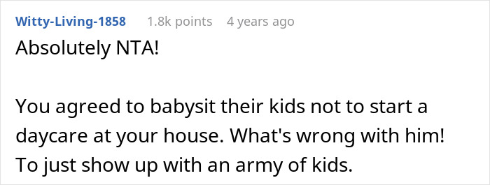 Comment on Reddit discussing a woman quitting babysitting after her brother-in-law shows up with unexpected kids. - 18