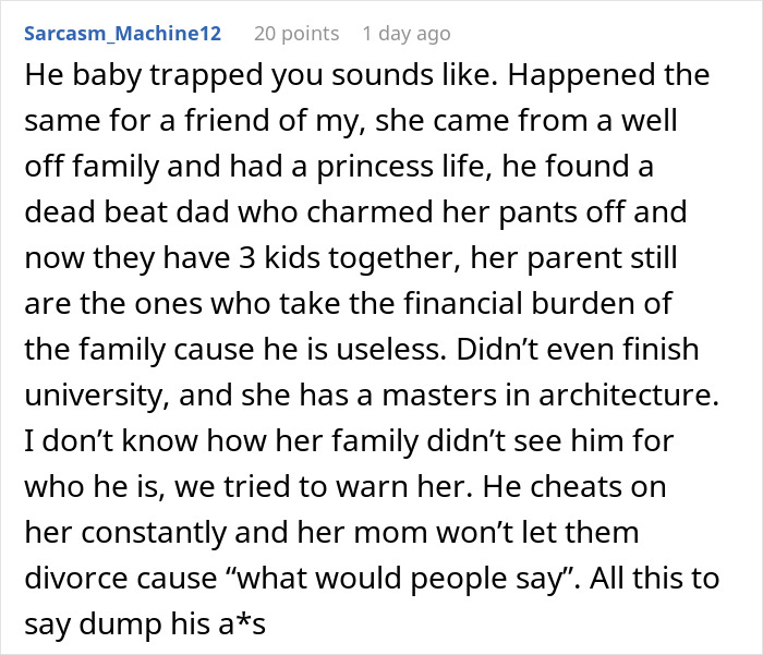 Reddit comment discussing husband jokes wife baby trapped him with brutal reality check about family struggles and cheating.