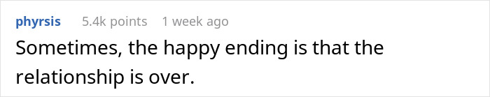 Screenshot of a Reddit comment saying sometimes the happy ending is that the relationship is over after nagging about eating more.