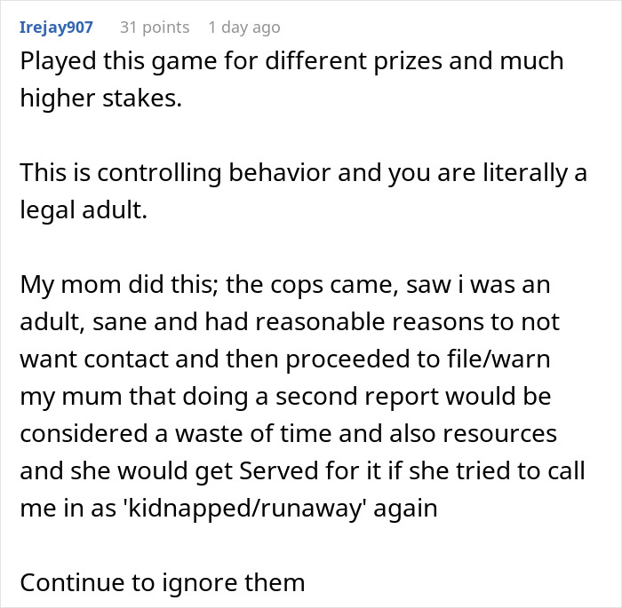 User comment discussing controlling behavior by parents and legal adult status in a story about parents playing favorites with an adopted daughter.