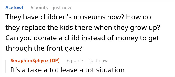 Screenshot of a humorous online comment thread discussing children's museums, featuring playful toddler Karen banned references. - 24