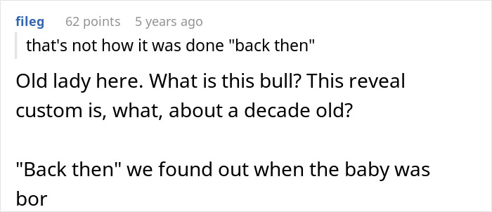 Screenshot of a social media comment criticizing the gender reveal custom and discussing its perceived age and changes.